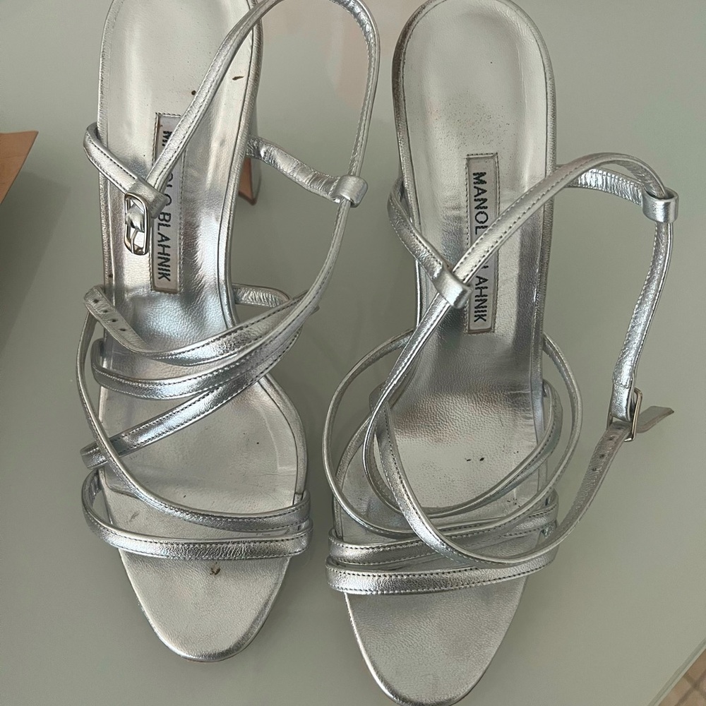 Manolo Blahnik Silver Strappy Heeled Sandals